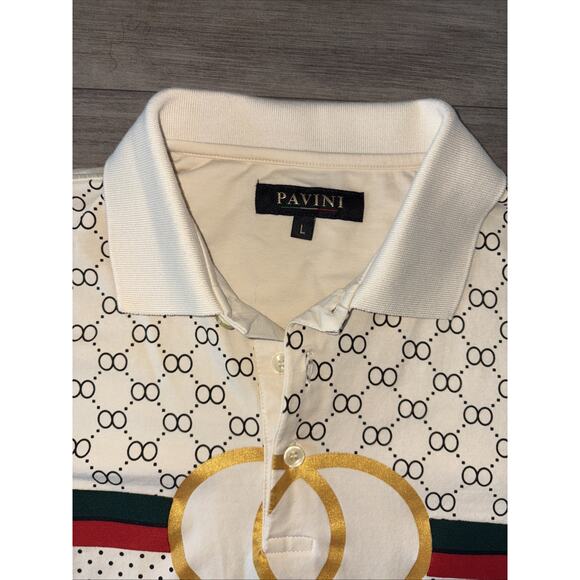 PAVINI Men's Polo Shirt White Red Green Striped Geometric Logo Italian Design - Picture 3 of 8